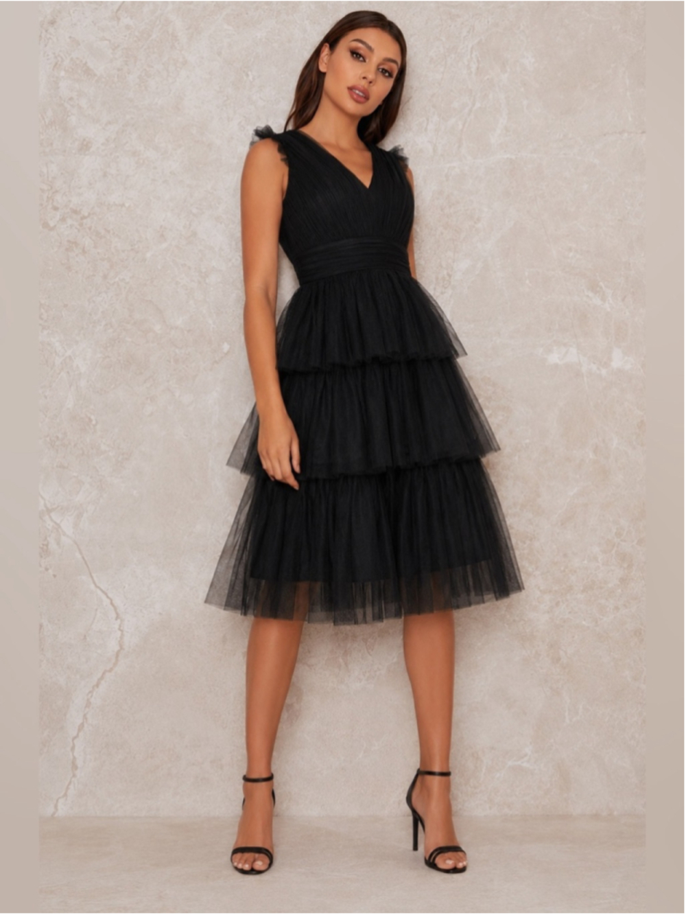 Chi Chi London Black Tiered Tulle Ruffle Cocktail Dress Sleeveless V Neck Fit &
